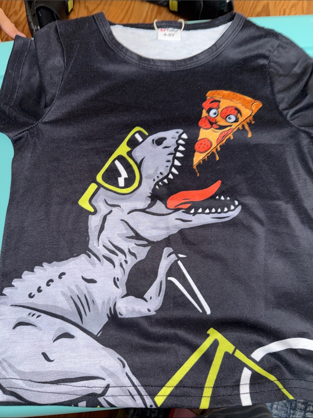 PatPat Black Kids T‑Shirt with Gray Dinosaur and Orange Pizza Graphic